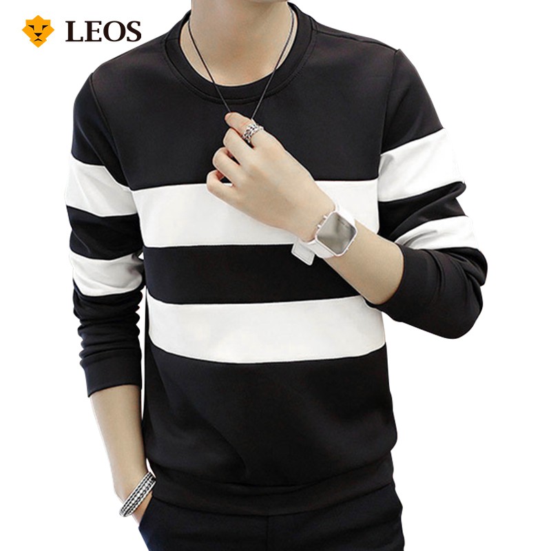 

LEOS Original Kaos lengan panjang pria / sweater ala korea black & white kaos