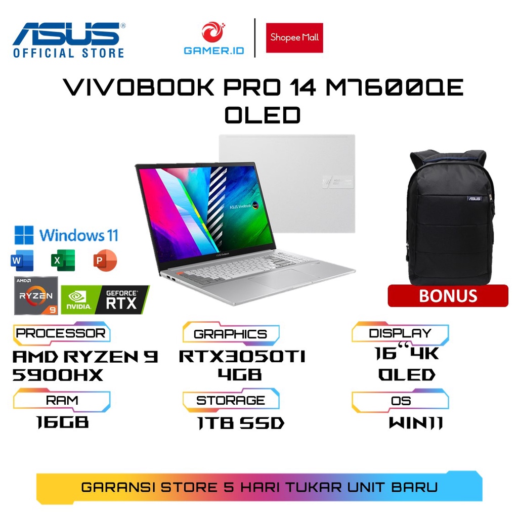 Jual ASUS VIVOBOOK PRO 14 M7600QE OLED914 4K OLED - AMD RYZEN 9 5900HX