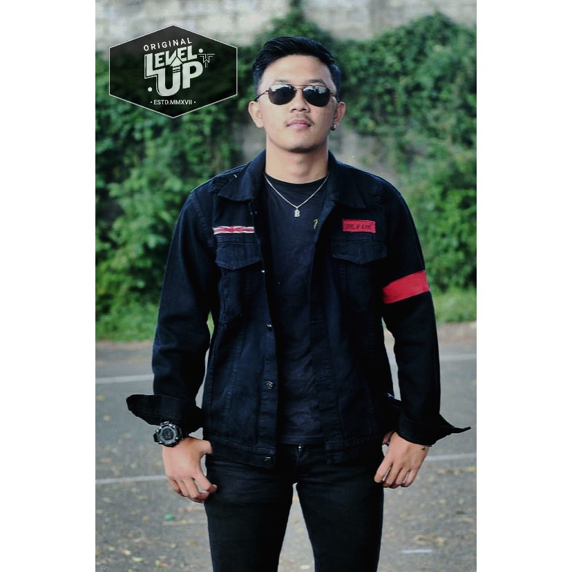 PROMO JAKET JEANS PRIA MURAH LEVEL UP JAKET DENIM COWOK KEREN RESLETING JAKET JEANS BORDIR EMBLEM TEMPEL SOBEK ORIGINAL