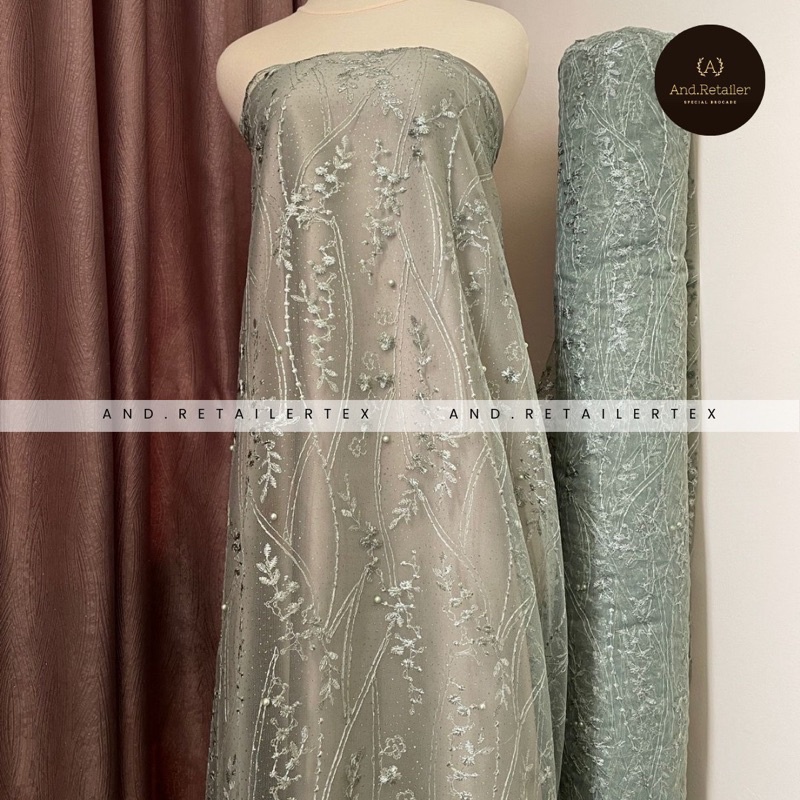 Bahan Kebaya Brokat Tile Akar Mutiara Glitter Mahogany Series Warna Sage Green