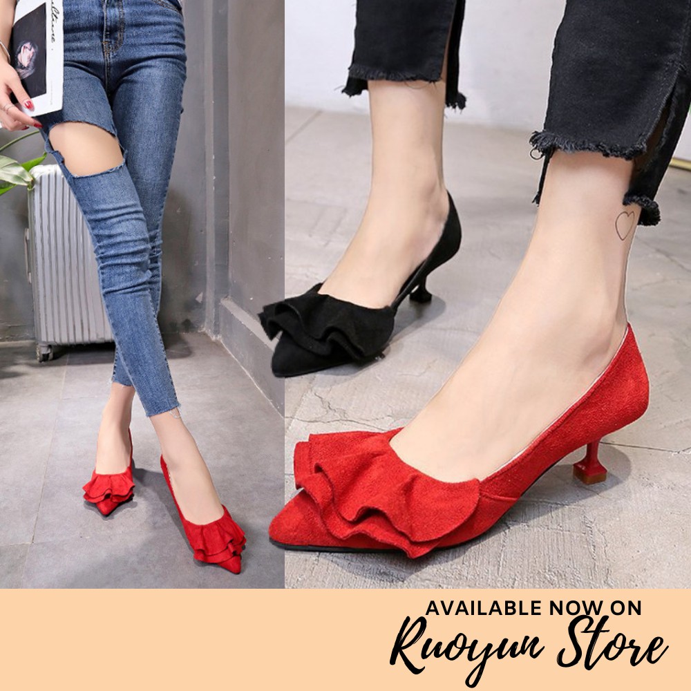 RYS - Ruffles Pointy Sepatu Hak Wanita Fashion Casual - Ori Import