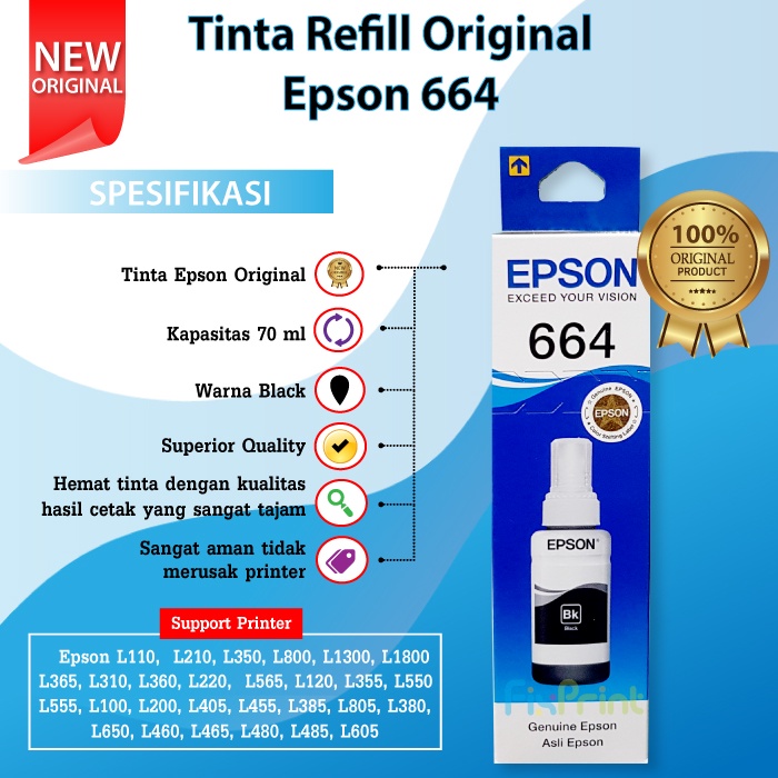 Tinta Refill Epson 664 Original Ink Printer L110 L120 L121 L210 L220 L300 L310 L350 L355 L360 L365 L380 L385 L405 L485 L550 L555 L565