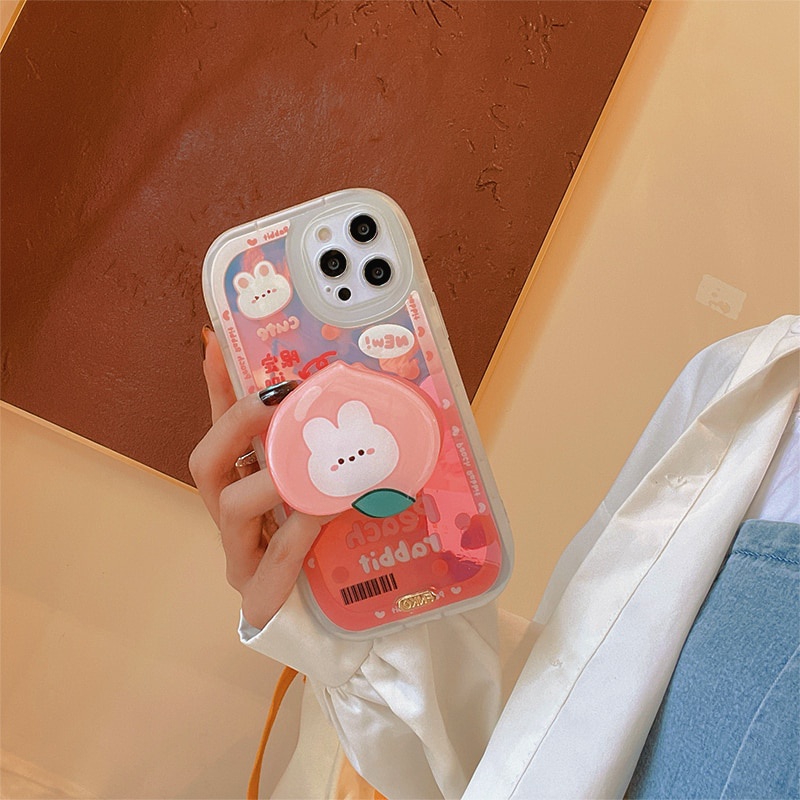 Case Pelindung Bahan Silikon Warna Gradasi Laser Dengan Holder Beruang Peach Untuk iPhone 11 12 Pro Max 7 8 Plus X XR XS Max