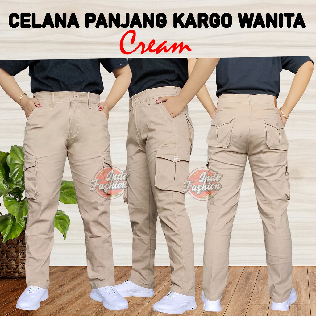 Celana Panjang Kargo Cargo Wanita PDL Gunung Krem Muda Ukuran 27 - 38