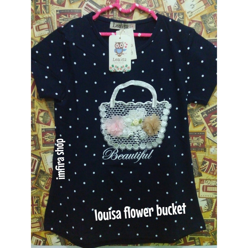 Pakaian Atasan Kaos Anak Perempuan Impor Louisa Flower Bucket