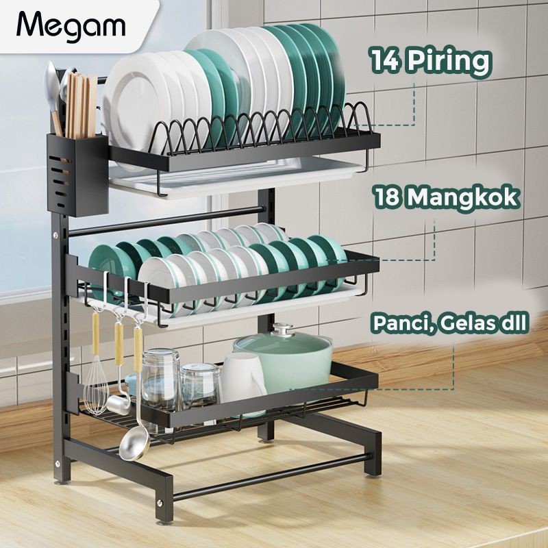 Megam Rak Piring Susun Rak Dapur Dinding Serbaguna Tempat Sendok Gelas Stainless Steel HRM112