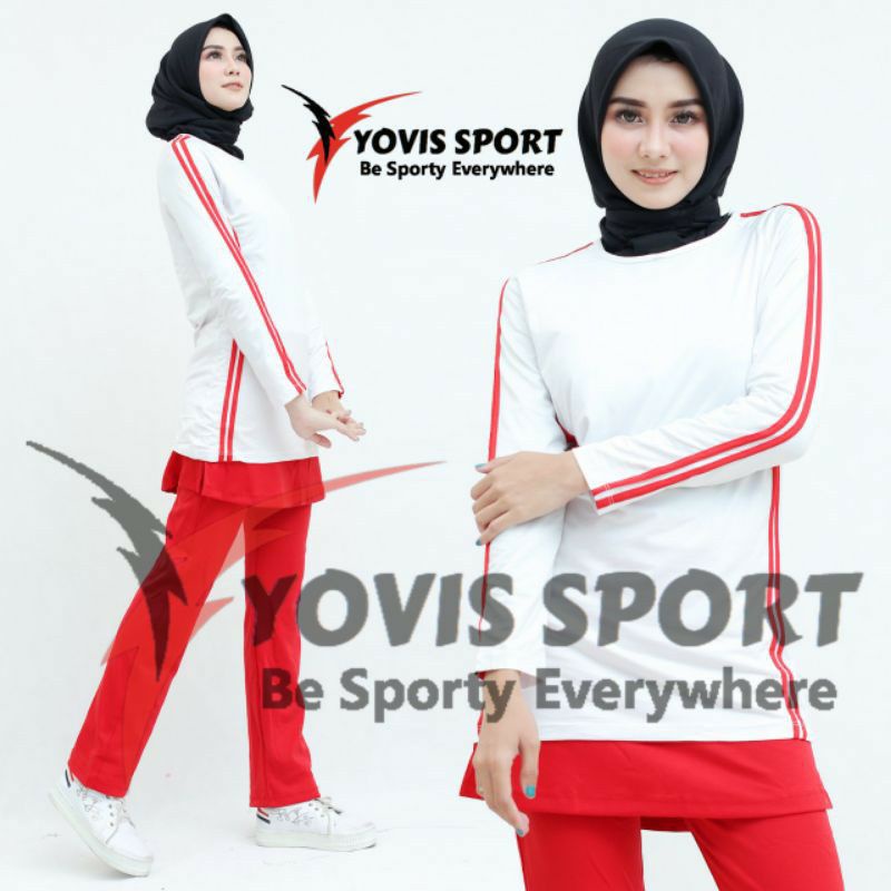 Setelan senam yovis atasan panjang dan celana rok senam - MERAH PUTIH