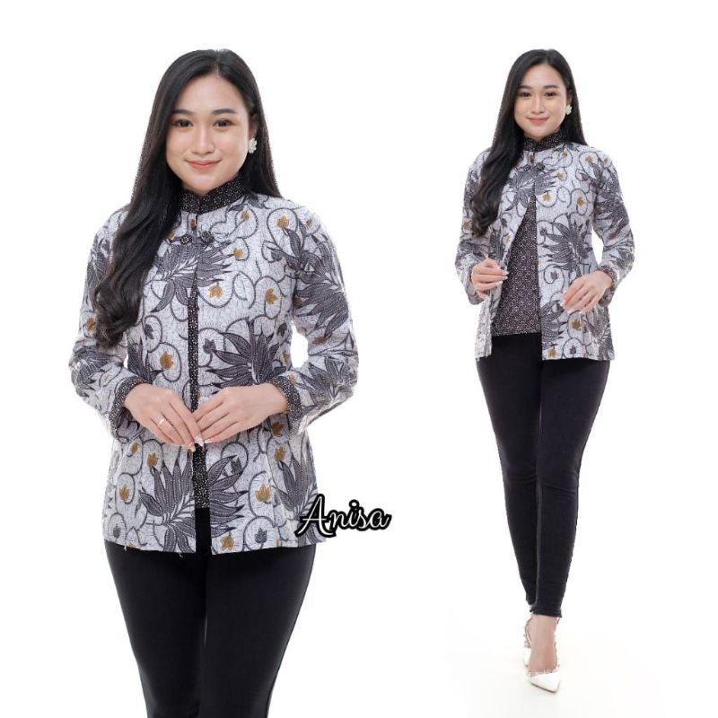 tey-17 Batik wanita ASJ SA HRB026 Kenongo Kemeja Tosca Pendek-Bol Alam Abu