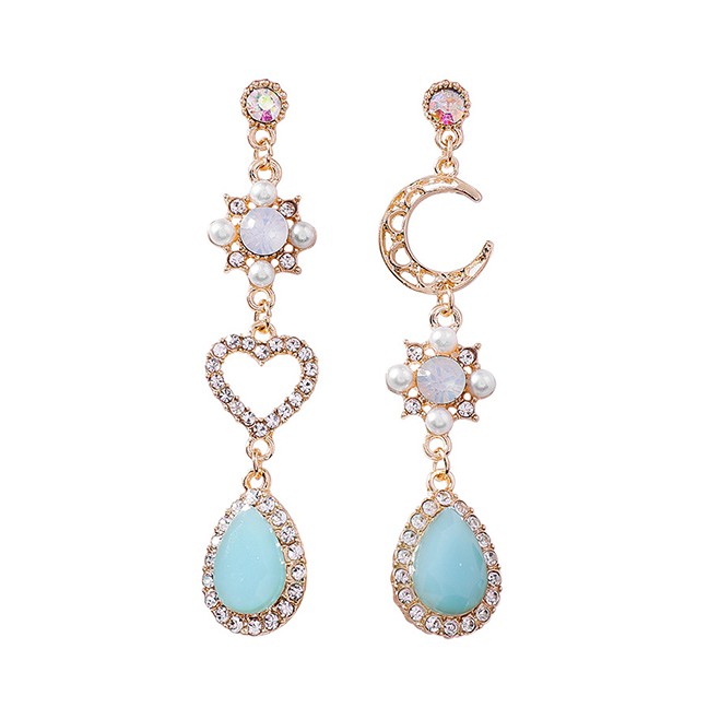 LRC Anting Tusuk Fashion Gold 925 Silver Needle Opal Moon Love Drops Asymmetric Stud Earrings F48223