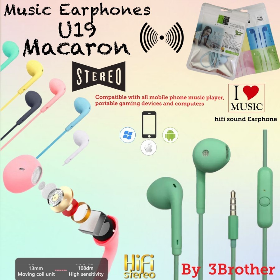 Hf Headset U19 Macaron Earphone Hifi Sound Stereo Bass packing Plastik