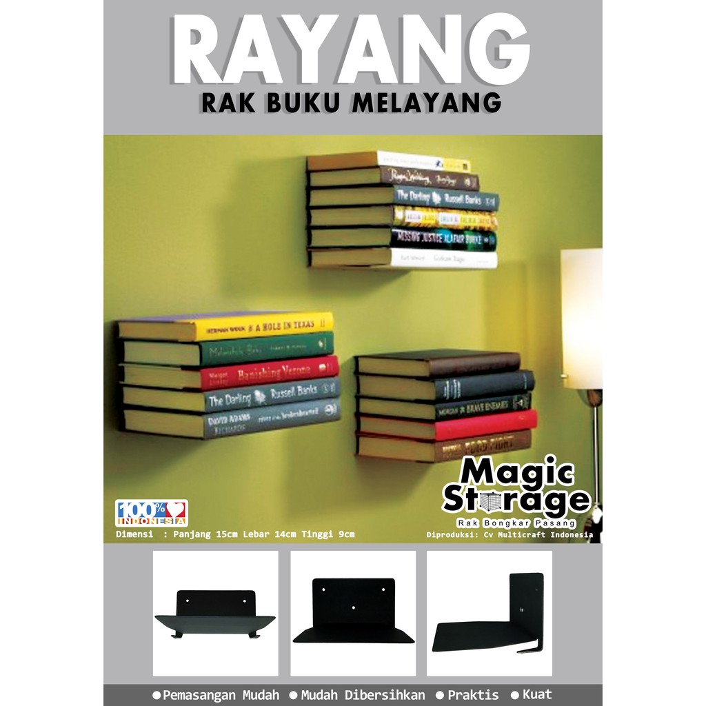 RAYANG rak  buku  melayang besi  tak kelihatan hitam dinding 