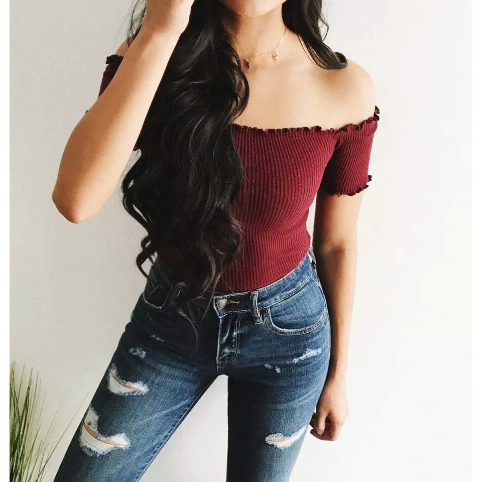 𝑱𝒂𝒌𝒂𝒓𝒕𝒂𝑭𝒂𝒔𝒉𝒊𝒐𝒏 sabrina crop top knit off shoulder jangkis rajut import halus atasan sexsi elegan