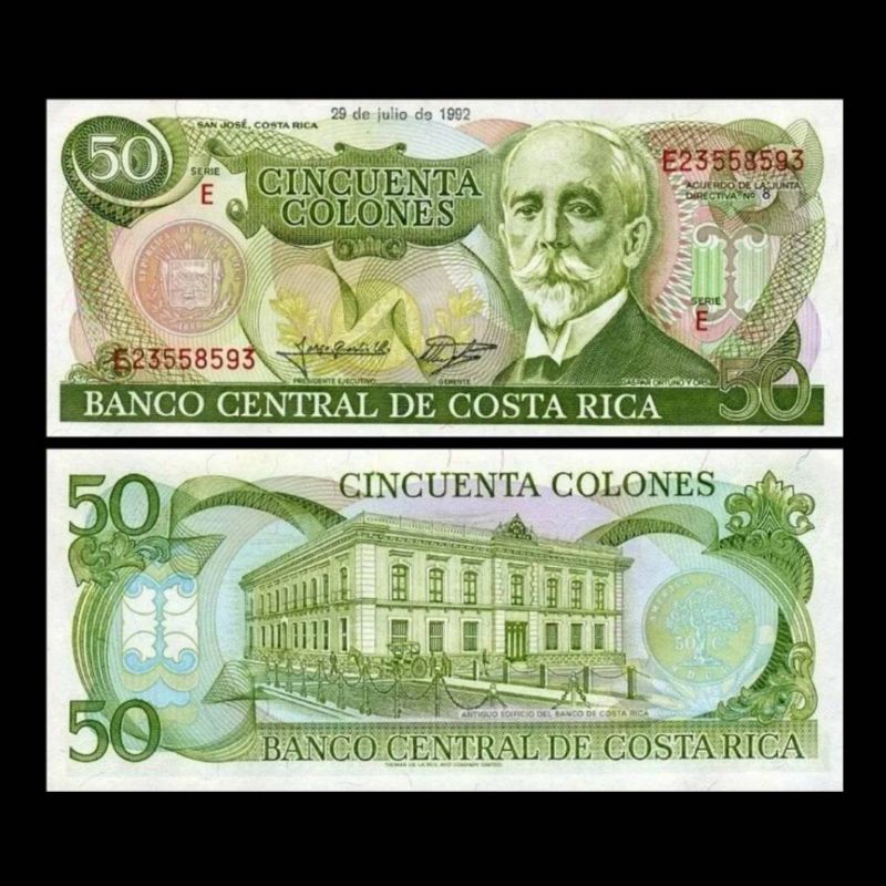 UANG COSTA RICA 50 COLONES 1992 UNC GRESS ORIGINAL BANKNOTE