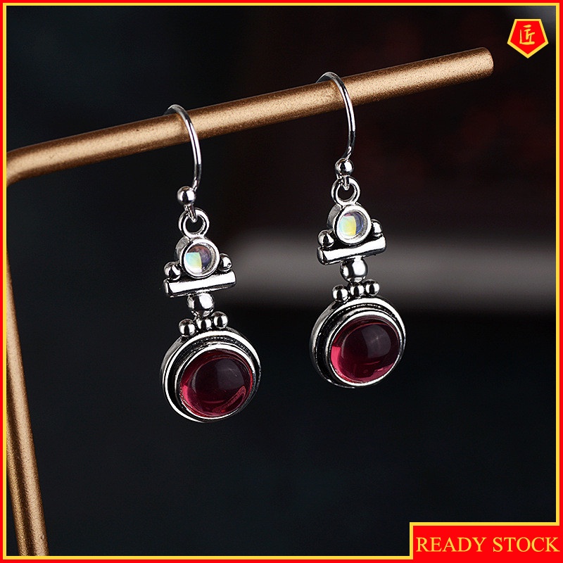 [Ready Stock]Retro Moonstone Red Agate Earrings Women's Fashion