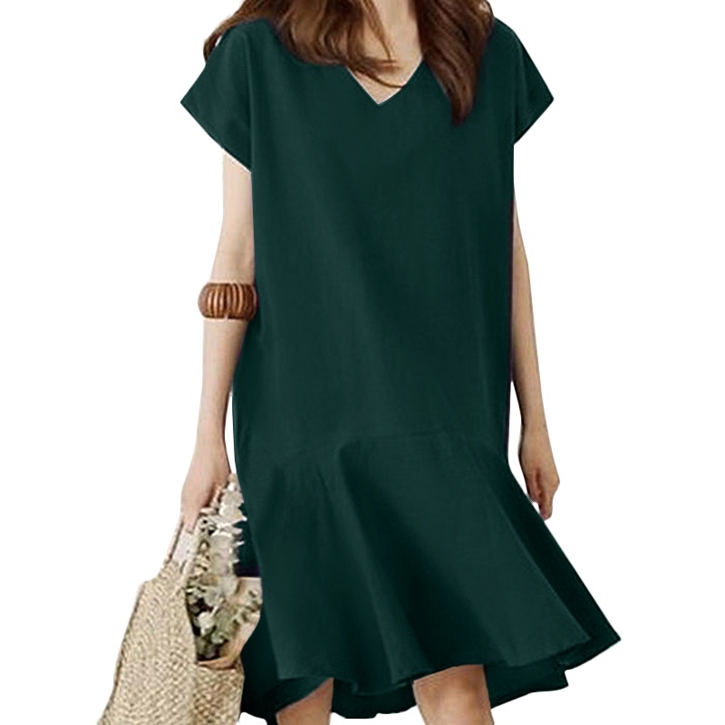 ZANZEA Women Fashion Dress Summer Cotton V Neck Solid Holiday Casual Baggy Mini Dress