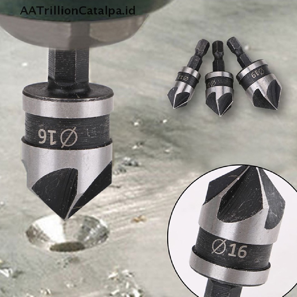 Aatrillioncatalpa 3Pcs / Set Mata Bor Chamfer 5 Flute 12 / 16 / 19mm Untuk Pengerjaan Kayu