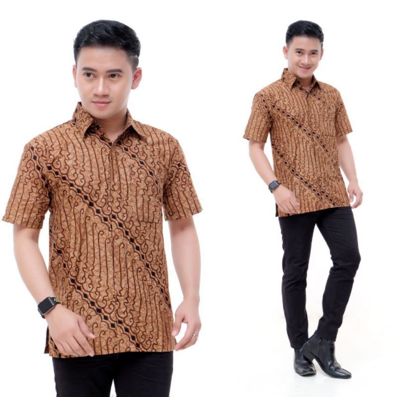 Hem Batik Pria Lengan Pendek Coklat Lawasan/ Batik Pria