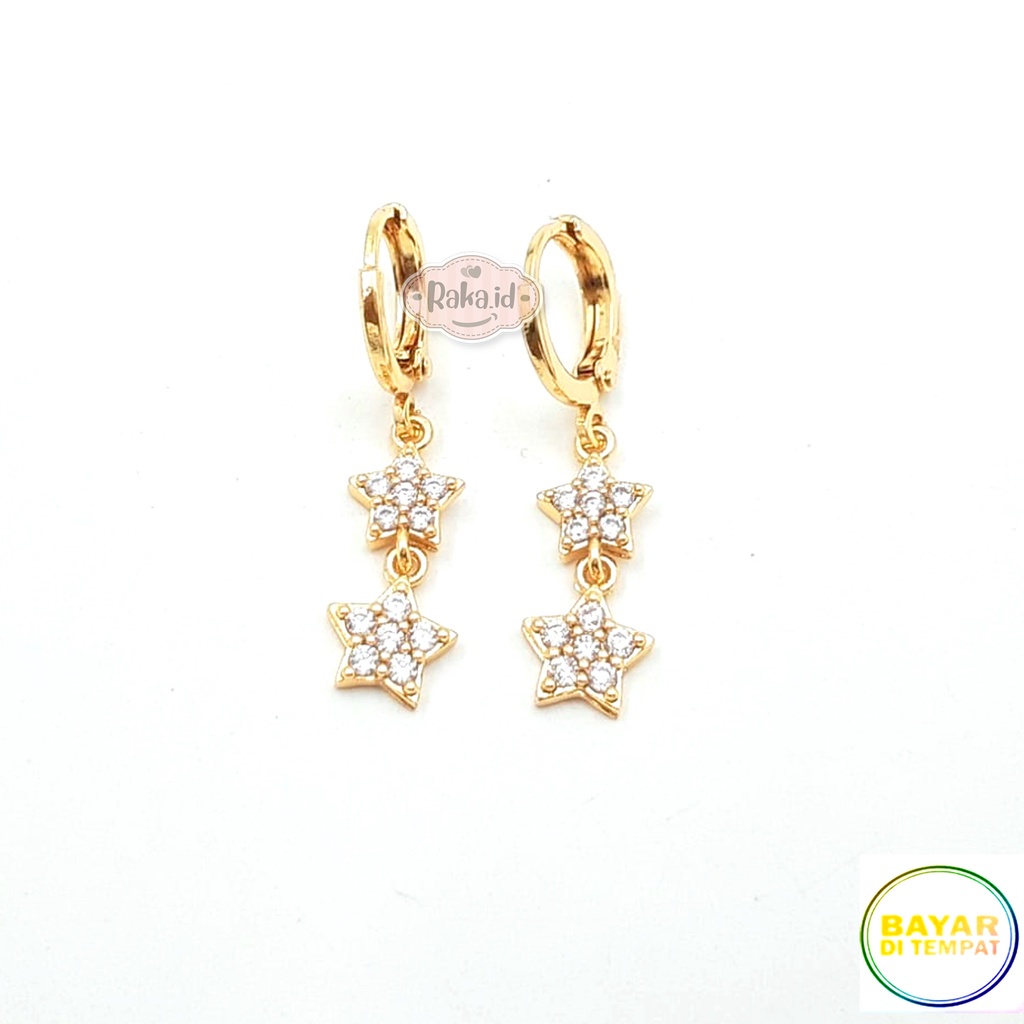 Anting Clip / Klip Bulat Motif 2 Bintang Runtun Perhiasan Aksesoris Wanita 1049