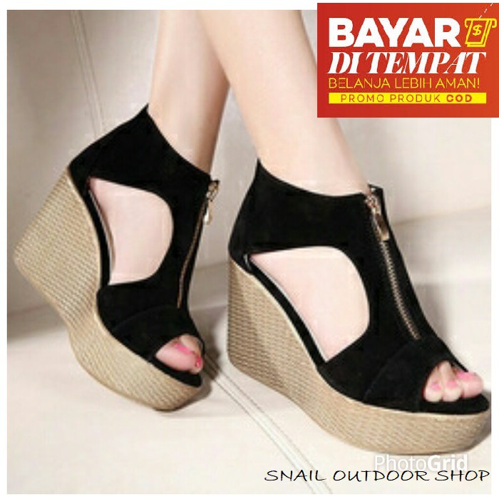 Wedges Hitam ME071 SANDAL WANITA HAK TINGGI / SANDAL HAK TINGGI / SANDAL HAK TINGGI