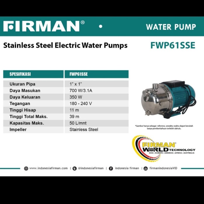 pompa air semi jet stainless steel firman fwp 61 ss fwp61ss