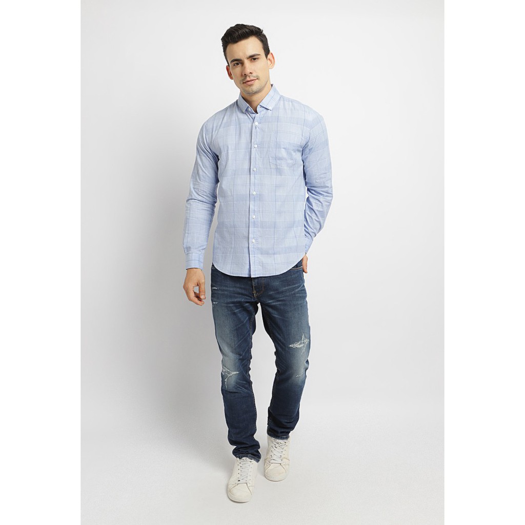 Arnett Baju Pria Kemeja Lengan Panjang Kotak kotak Biru