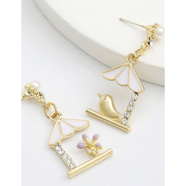 LRC Anting Tusuk Fashion Gold Color Alloy Oil Drop Diamond Flower And Bird Earrings K79351