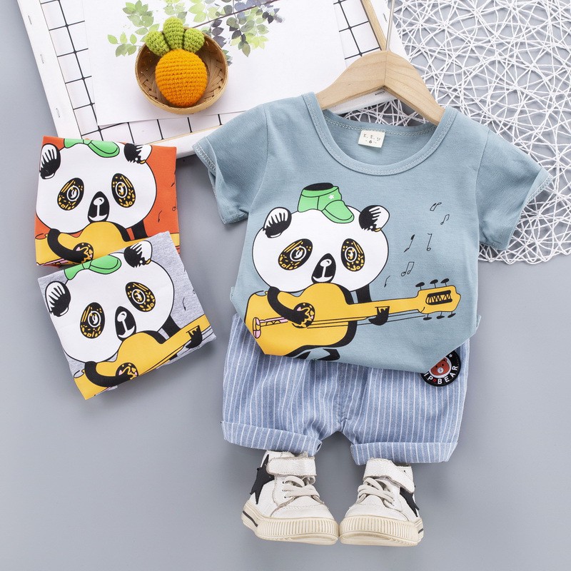 Setelan Kaos Anak Laki-Laki+Celana Pendek Motif 3D Dino/Panda