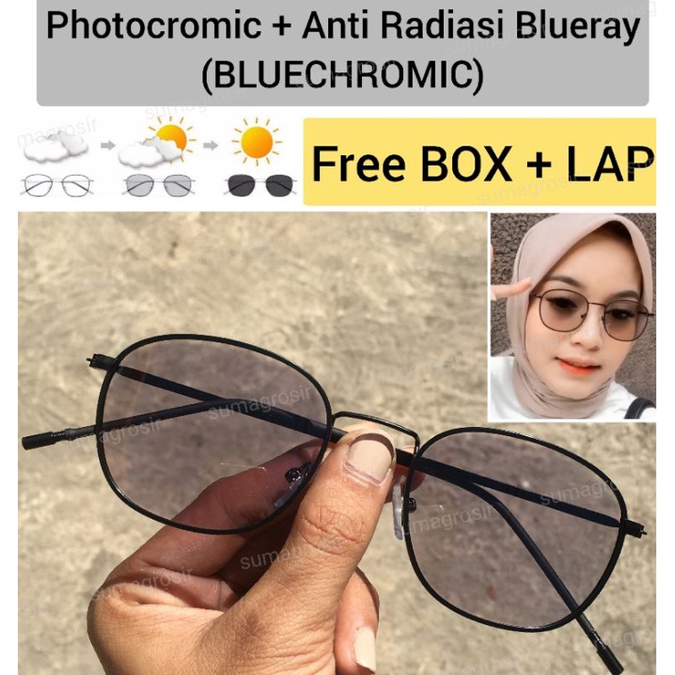 Kacamata Lensa Photocromic + Anti Radiasi Blueray BLUECROMIC pria wanita Bluechromic Photochromic berubah warna gelap hitam anti UV matahari model semi kotak