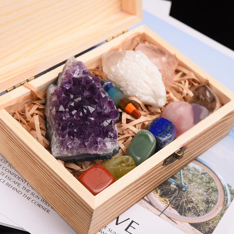 SIY  11Pcs Crystals and Healing Stones Kit With Wood Box 7 Raw Chakra Pendulum Stones