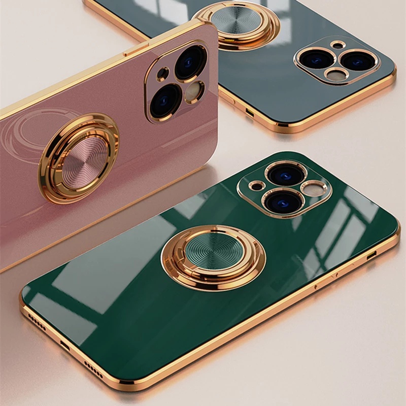 Soft Case Bahan Silikon Plating 6D Dengan Ring Stand Holder Metal Untuk iPhone 11 12 13 Pro Xs Max X XR 7 + 8 Plus