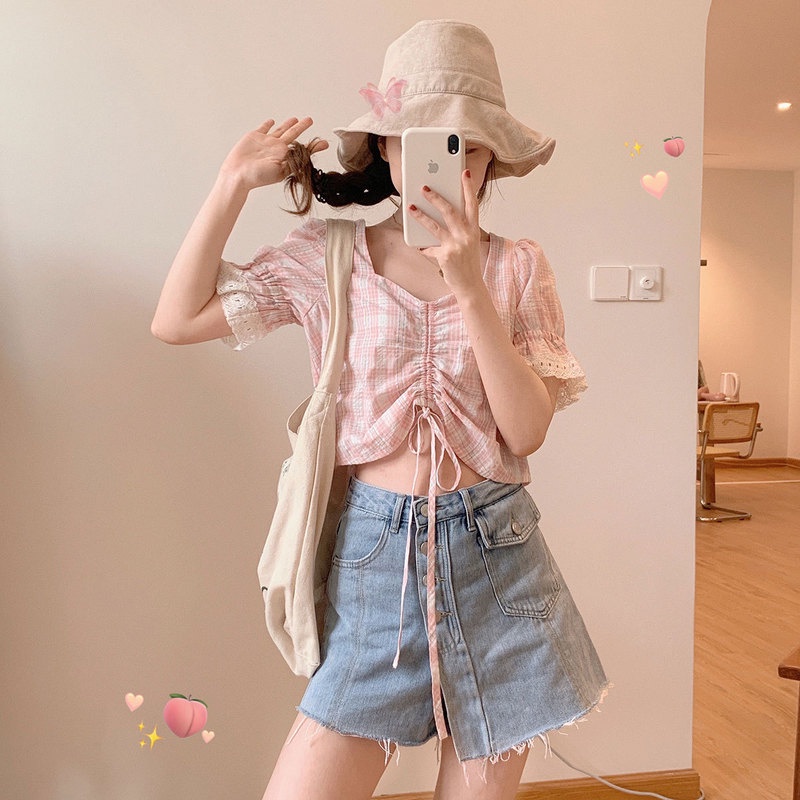 yikoo-Blus kotak-kotak lengan pendek Korea blouse atasan wanita