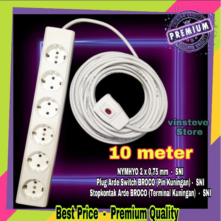 Stop Kontak Kabel BROCO 6 Lubang 10 Meter + Steker Saklar