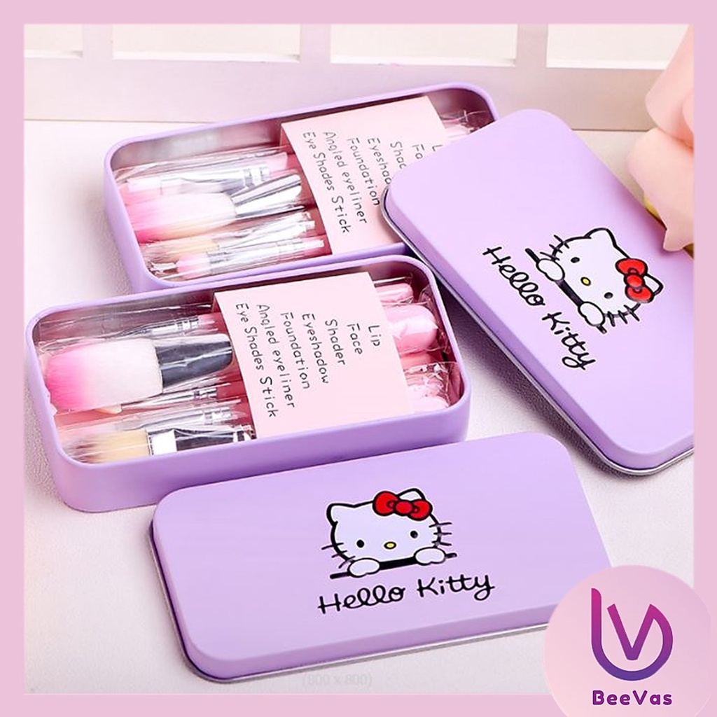 BV.ID KM053 KUAS BRUSH SET HELLO KITY MAKE UP BRUSH 7 IN 1 BOX BAHAN KALENG HELLO KITTY