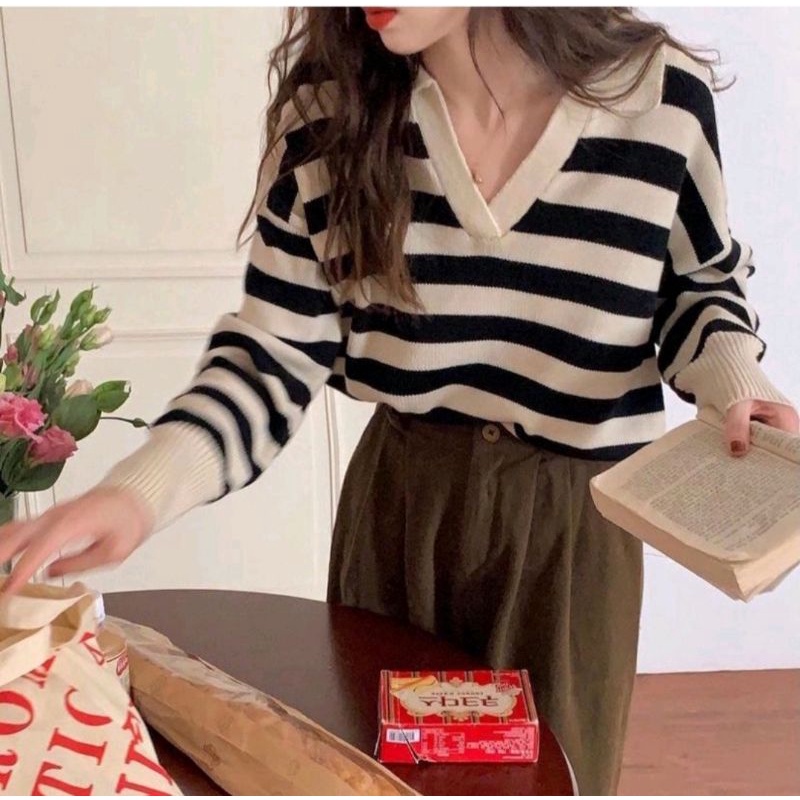 BEFAST - ZSO OOTD Sweater Salur GICIA / THANIA KNITE BLASTER SWEATER RAJUT WANITA | SWEATER KOREA / Pakaian Casual Wanita Remaja / OOTD Ala Style Korean / Atasan Lengan Panjang / Sweater Motif Garis-Garis / Outfit Hangout Wanita ABG