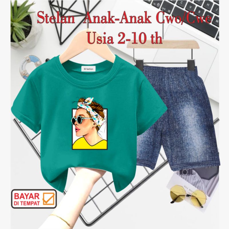 ((IB))SETELAN ANAK PEREMPUAN SEMI JEANS/CEWEK DIGITAL SABLON