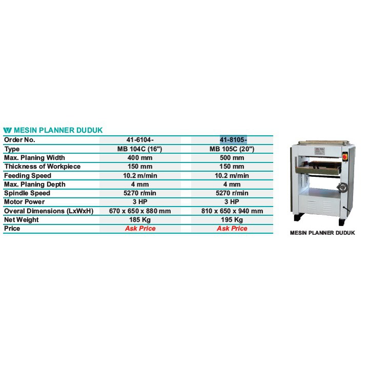 Mesin Planner Planer Duduk Wipro MB105C Pasah Serut Wipro 51cm 510mm MB 105 C 20&quot; Inch