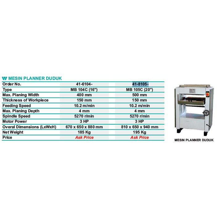 Mesin Planner Planer Duduk Wipro MB104C Pasah Serut Wipro 41cm 410mm MB 104 C 16&quot; Inch