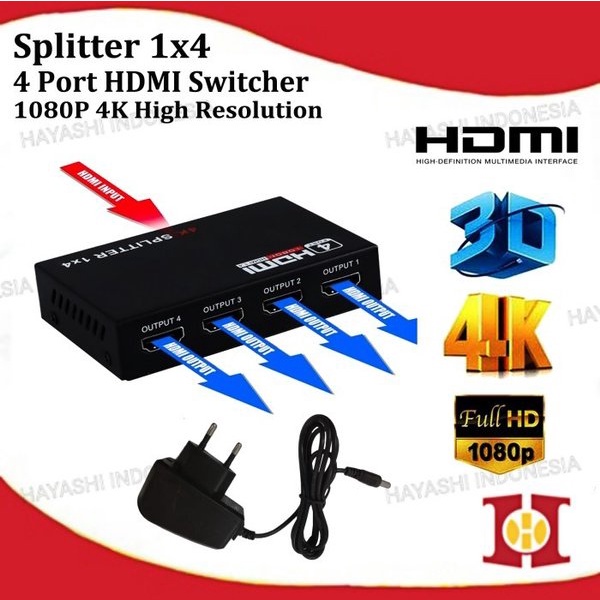 HDMI Splitter 1 In 4 Out Port Hub Repeater Amplifier 4K Ultra HD 3D