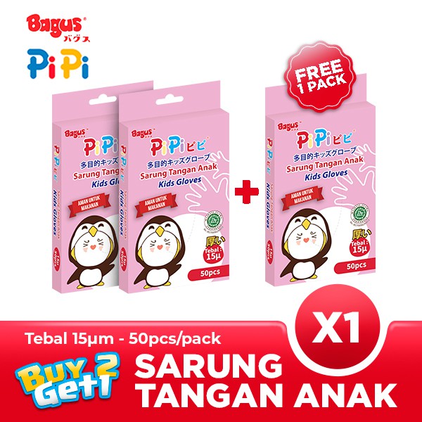 BUY 2 GET 1 FREE - Bagus PiPi Sarung Tangan Anak 15 µ 50 Pcs/Pack Food Grade, 100% HDPE BPA Free