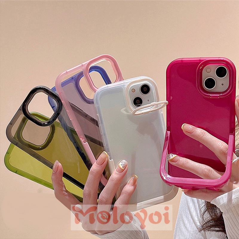 Soft Case TPU Warna Macaron Polos Dengan Kickstand Lipat 2 IN 1 Untuk IPhone 8plus 11 Pro MAX XR X 7plus 13 12 11 Pro MAX 7 8 Plus XS MAX