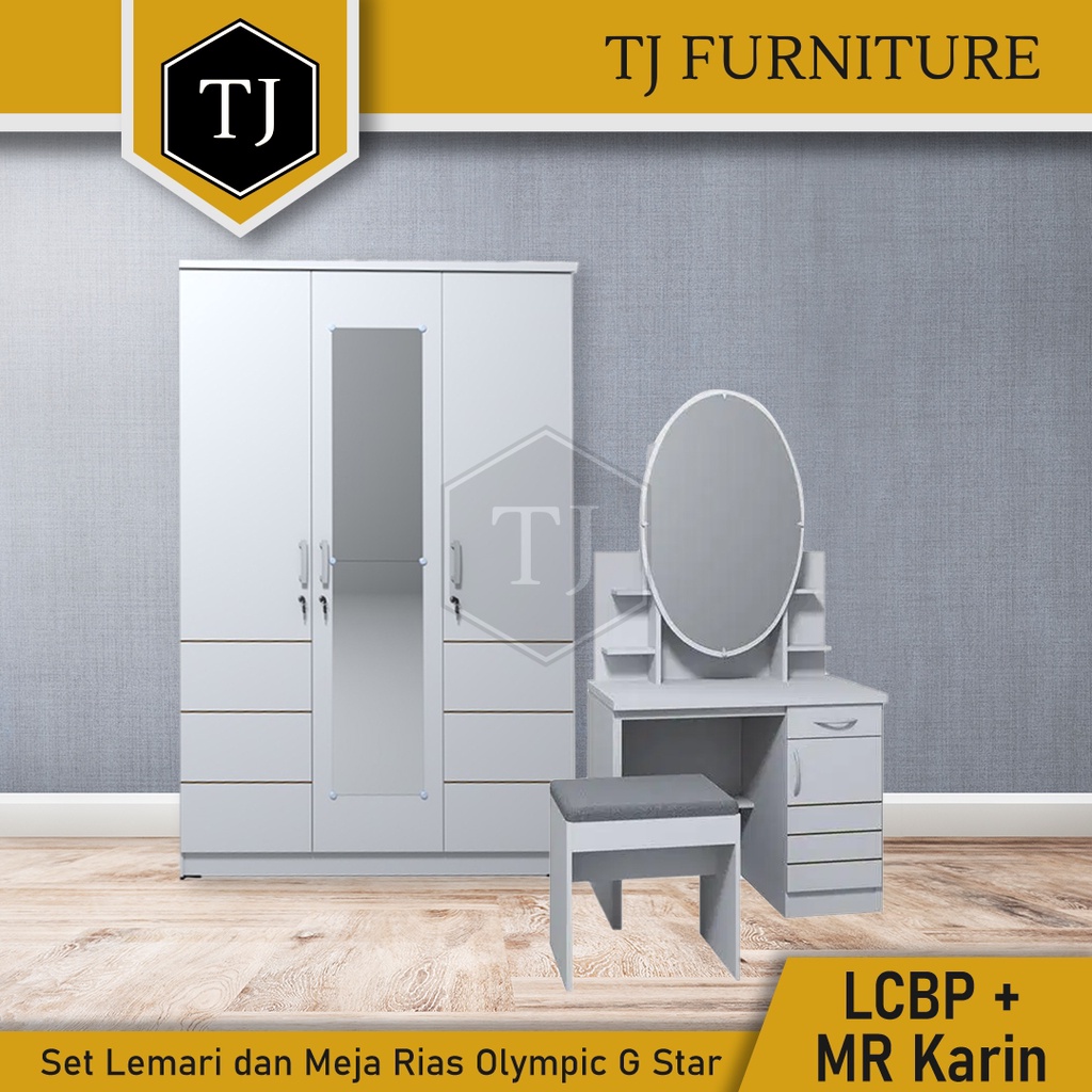 Set Lemari Pakaian dan Meja Rias Olympic Kayu Tiga Pintu LCBP KARIN S