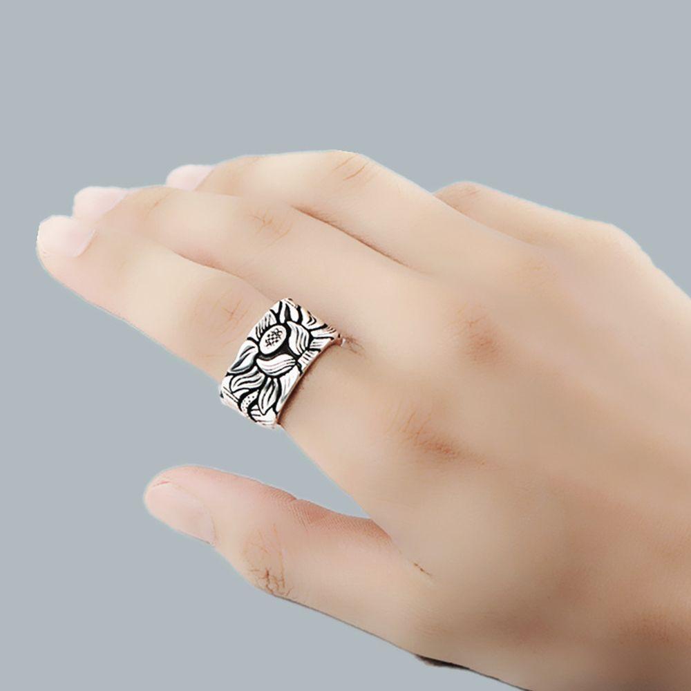 Mxbeauty Man Cincin Warna Perak Keren Bunga Gothic Terbuka Buddhistic Heart Sutra Fashion Perhiasan
