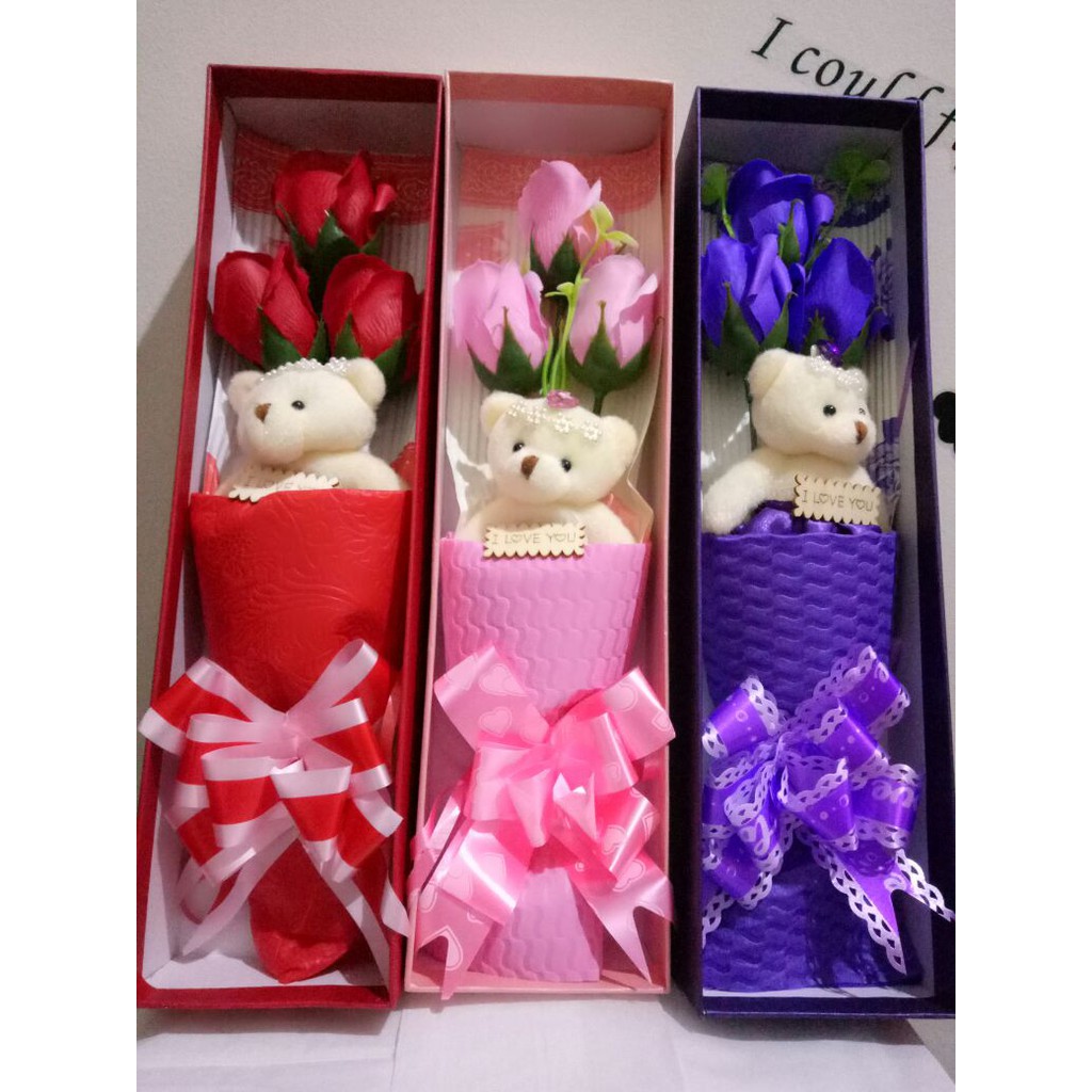 Bunga Mawar 3 Rose Flower soap + boneka beruang valentine gift Free Ongkir