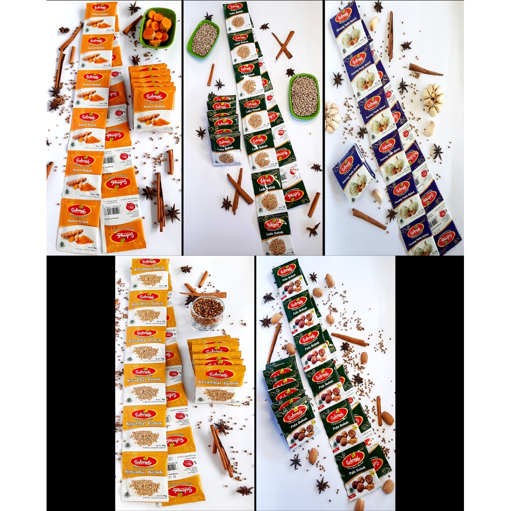 

Sahangko Bumbu Rempah Dapur (Bawang Putih, Lada, Ketumbar, Kunyit, dan Pala Bubuk) per Renceng (13 Sachet)