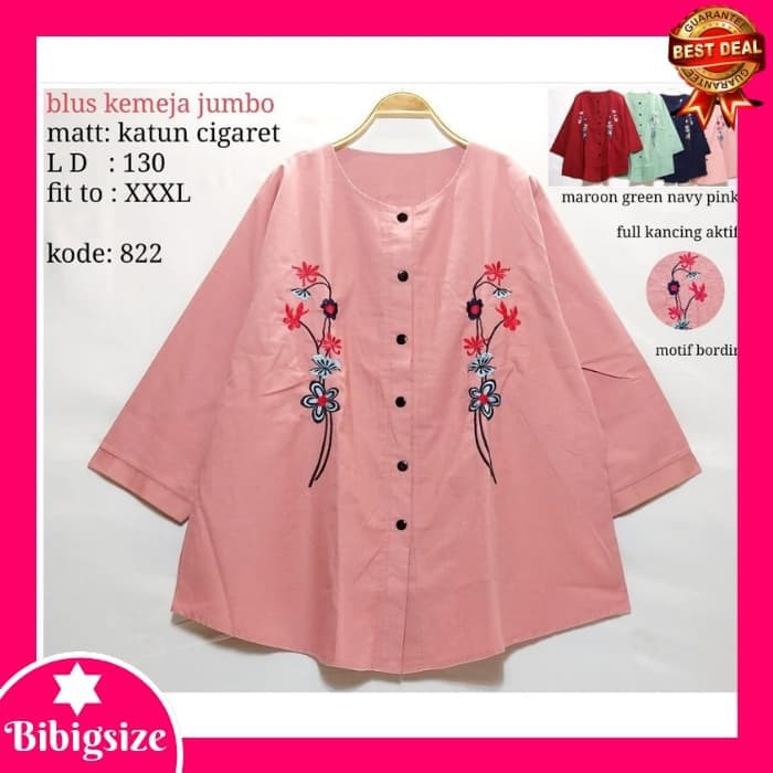 BAJU ATASAN WANITA 349 - KEMEJA JUMBO BORDIR BUNGA 349 - NAVY EXCLUSIVE