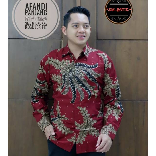 Kemeja Batik Pria Lengan Panjang Warna Merah Batik Lapis Furing AFANDI PANJANG
