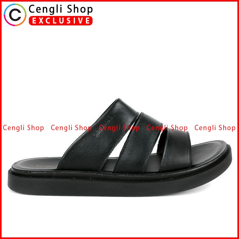 SANDAL KULIT OBERMAIN PRIA ORIGINAL SLIDE CASUAL BRANDED HITAM OM18