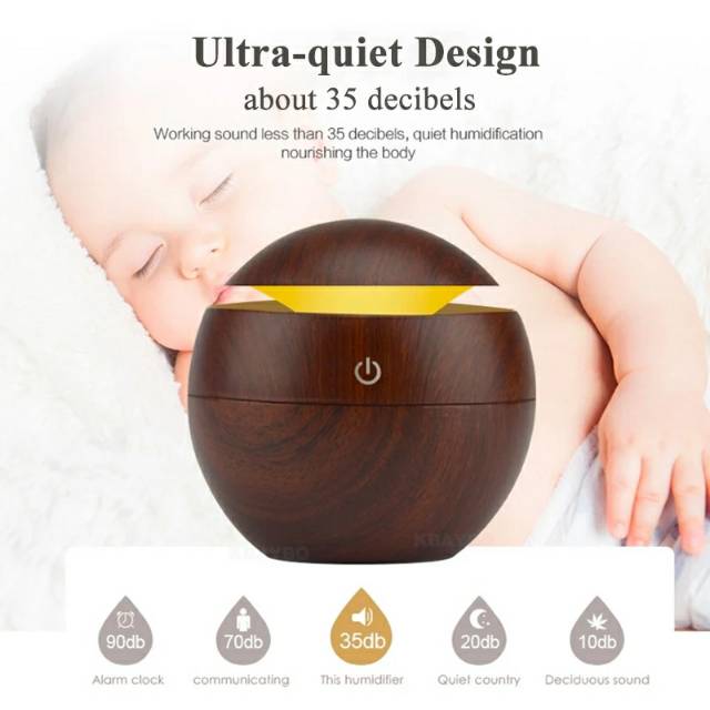 HUMIDIFIER DIFFUSER PURIFIER PELEMBAB PENGHARUM UDARA RUANGAN KAPASITAS KECIL 130ml BULAT WOODEN LED