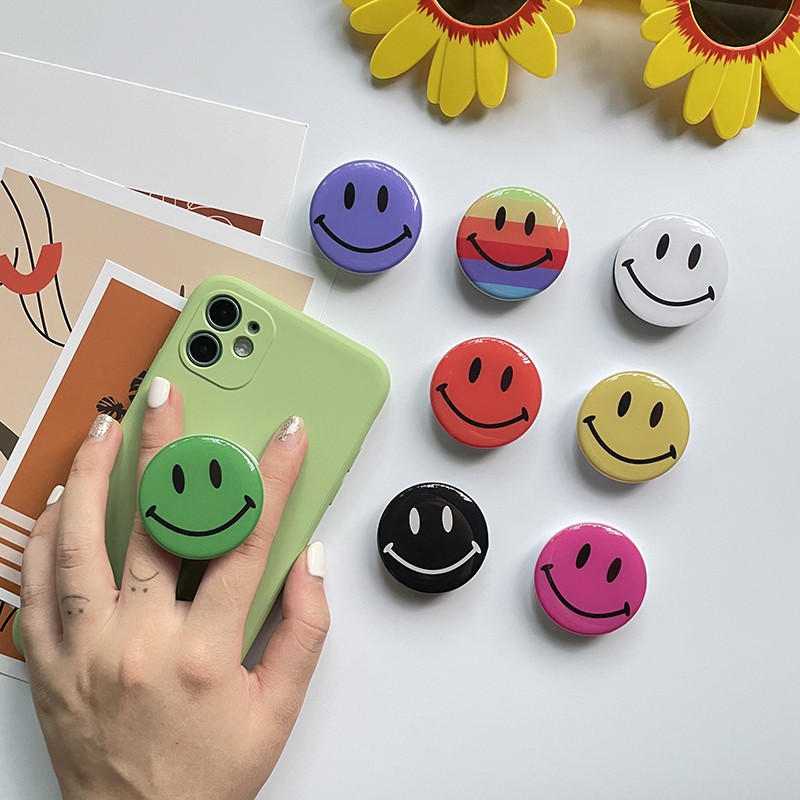 Popsocket Hp Bentuk Bulat Motif Smiley Face Warna Pelangi