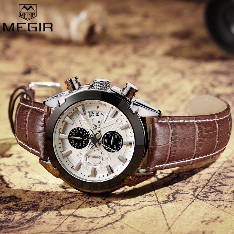 MEGIR 2020 Jam Tangan Pria Analog Chronograph Tali Kulit WATCHKITE WKOS